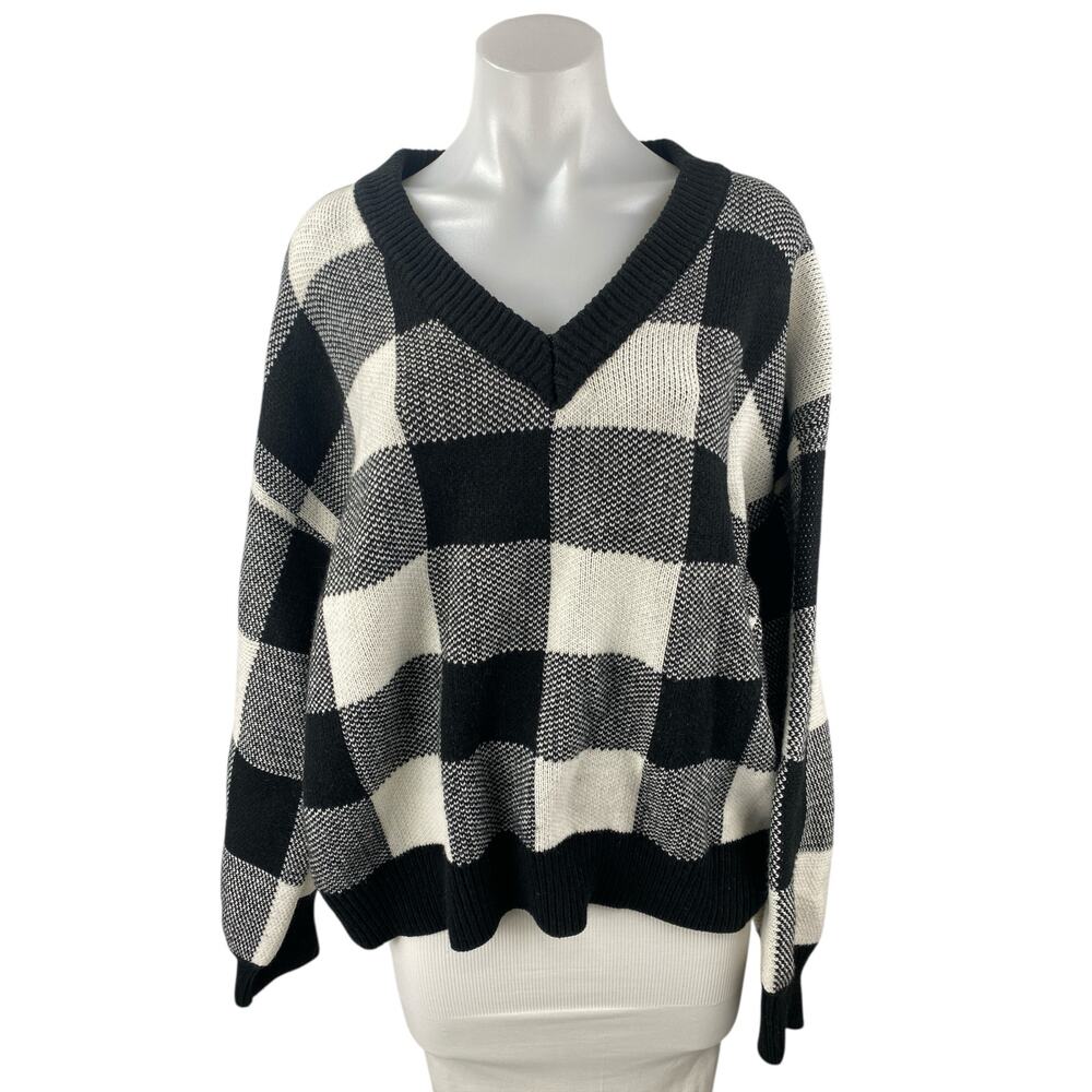 Listicle Black Gingham Check Knit Long Sleeve V Neck Boxy Sweater Top Size S